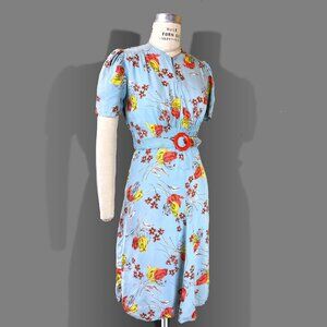 Vintage 1930s 1940s Blue Rayon Dress Floral Midi Dress Size XS Puff Sleeves